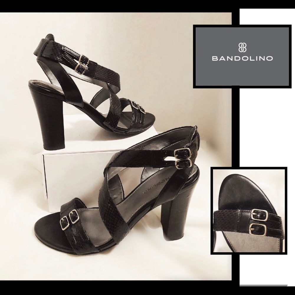 Bandolino Sandals 7.5m black straps block heel that measures 4” in height.
